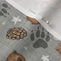 Woodland Brown Bears, Pine Cones, Stars, and Moon on Woven Distressed Gray, Small