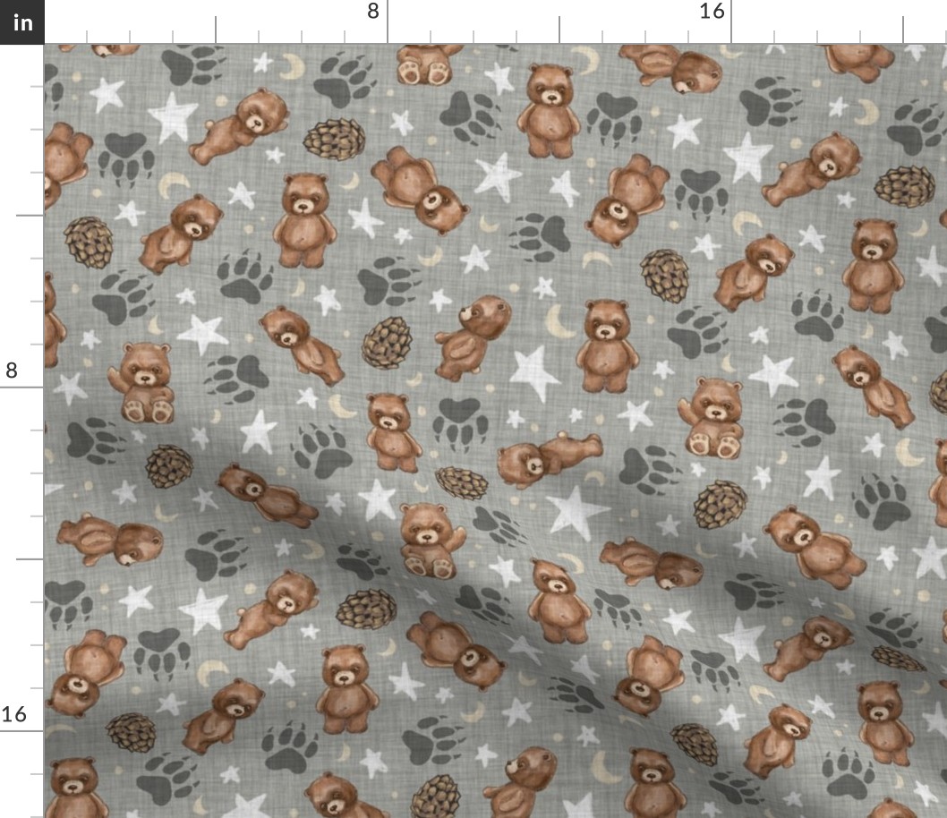 Woodland Brown Bears, Pine Cones, Stars, and Moon on Woven Distressed Gray, Small