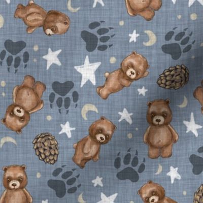 Woodland Brown Bears, Pine Cones, Stars, and Moon on Woven Distressed Denim Blue, Small