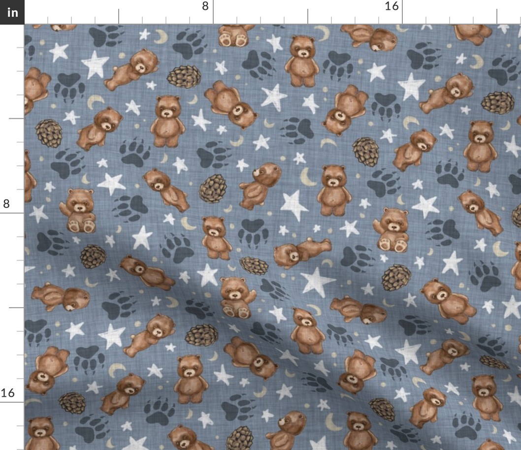 Woodland Brown Bears, Pine Cones, Stars, and Moon on Woven Distressed Denim Blue, Small