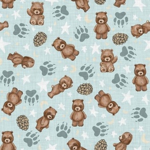 Woodland Brown Bears, Pine Cones, Stars, and Moon on Woven Distressed Light Warm Pastel Blue, Small