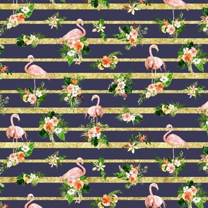 Flamingos and Tropical Flowers with Stripes