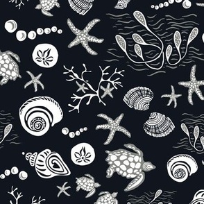 Turtles, shells and starfish - small - white on faded black -neutral