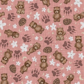 Woodland Brown Bears, Pine Cones, Stars, and Moon on Woven Distressed Blush Rose Pink, Small