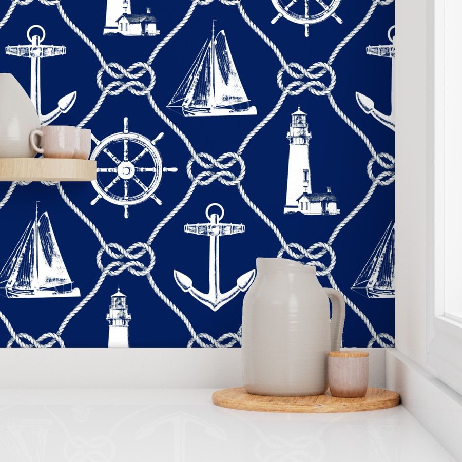 Navy Blue White Nautical Rope Grid