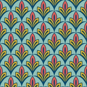 Art Deco Geo Flowers - Tropical Blue + Coral Pink + Gold / Mustard