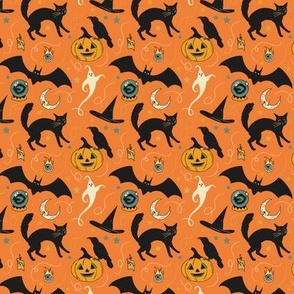 Halloween Pumpkins Bats Ghosts Black Cats Orange Background