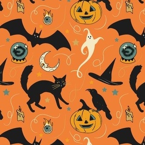 Halloween Pumpkins Bats Ghosts Black Cats Orange Background - Large Scale