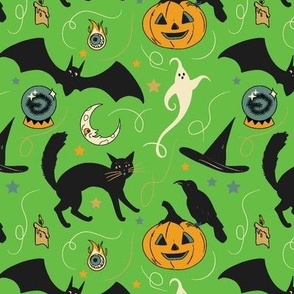 Halloween Pumpkins Bats Ghosts Black Cats Green Background - Large Scale