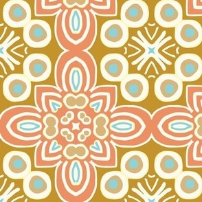 Hannah quatrefoil, mustard & coral, 6 inch