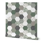 6" hexagon wholecloth: blue olive, sage, charcoal