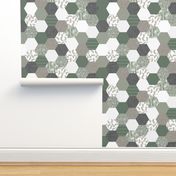 6" hexagon wholecloth: blue olive, sage, charcoal