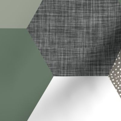 6" hexagon wholecloth: blue olive, sage, charcoal