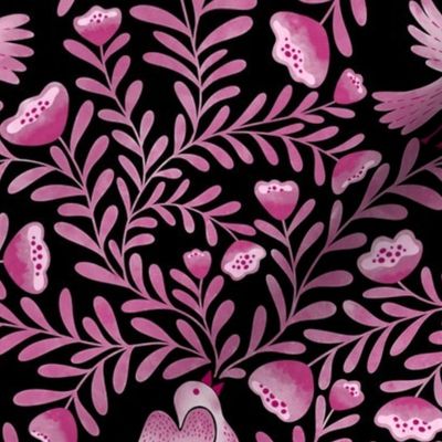 Team of Bird Singing up a Floral Foliage Folktale Pink on black