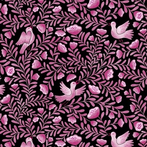 Team of Bird Singing up a Floral Foliage Folktale Pink on black