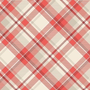 Diagonal Plaid Check Tartan in In Bloom Coral, Red, Beige and White Medium Scale