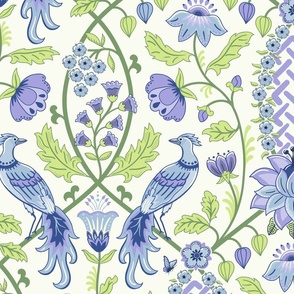 Pastel comforts chinoiserie exotic birds - grand millennial - Sky Blue, Lilac and Honeydew on soft white - jumbo