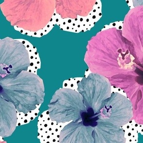 Hibiscus and polka-dots L - Teal