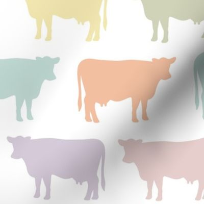  cows: pastel yellow, spring’s coral, aloe wash, opal blue, pastel pink, pastel purple