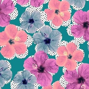 Hibiscus and polka-dots - Teal