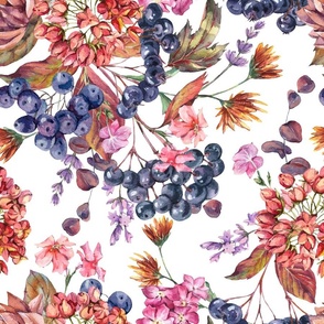 Watercolor berries, fall leaves on white