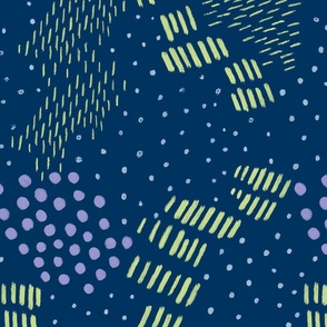 Deep blue abstract dots and spots seamless pattern. Neon stripes ornament background. 