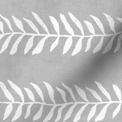 Botanical Block Print on Gray (Horizontal - xl scale) | Leaf pattern fabric from original block print, plant fabric, white on soft gray.