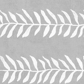 Botanical Block Print on Gray (Horizontal - xl scale) | Leaf pattern fabric from original block print, plant fabric, white on soft gray.