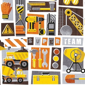 Large jumbo scale // Construction worker super team // yellow orange grey dark oak brown black and white construction and civil engineering related motifs