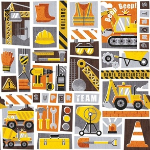 Normal scale // Construction worker super team // yellow orange grey dark oak brown black and white construction and civil engineering related motifs