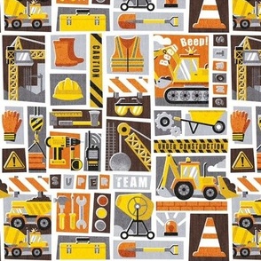Small scale // Construction worker super team // yellow orange grey dark oak brown black and white construction and civil engineering related motifs