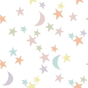 stars and moons: pastel yellow, spring’s coral, aloe wash, opal blue, pastel pink, pastel purple