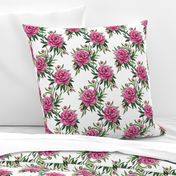 Magical Fuchsia pink peony climbing wallpaper or fabric large scale on white 