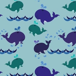 Whales Splish Splashing Nautical Blue