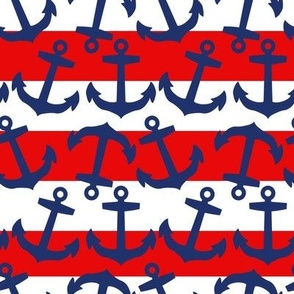 Navy Blue Anchors Red and White Stripes Nautical 