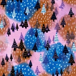 Winter forest pine trees in blues, purples and pinks small