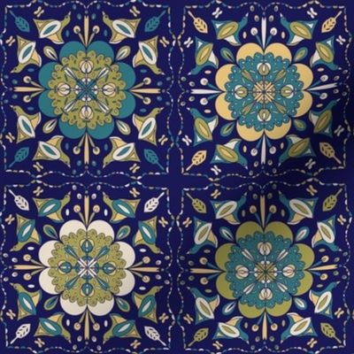 Tiled Medallion, birds, leaves,  jewel tones, retro, dark blue background, medium scale