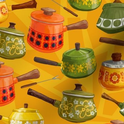 Funky Fondue Pots Yellow Background - Groovy 70’s Kitchen pattern
