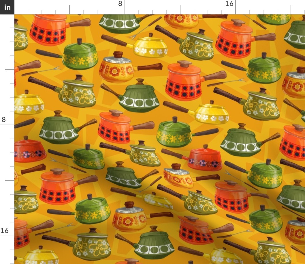 Funky Fondue Pots Yellow Background - Groovy 70’s Kitchen pattern
