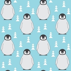 medium penguins with triangle trees on soft blue