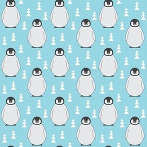 small penguins with triangle trees on soft blue