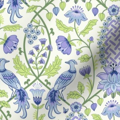 Pastel comforts chinoiserie exotic birds - grand millennial - Sky Blue, Lilac and Honeydew on soft white - medium