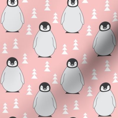 medium penguins with triangle trees on soft pink