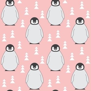 medium penguins with triangle trees on soft pink