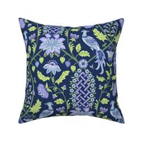Pastel comforts chinoiserie exotic birds - grand millennial - Sky Blue, Lilac and Honeydew on navy blue - large