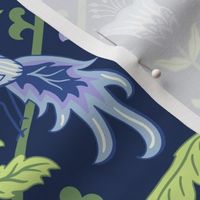 Pastel comforts chinoiserie exotic birds - grand millennial - Sky Blue, Lilac and Honeydew on navy blue - large