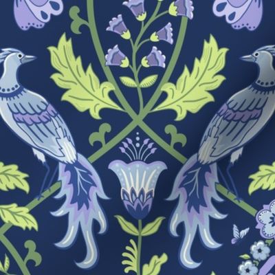 Pastel comforts chinoiserie exotic birds - grand millennial - Sky Blue, Lilac and Honeydew on navy blue - large