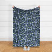 Pastel comforts chinoiserie exotic birds - grand millennial - Sky Blue, Lilac and Honeydew on navy blue - large