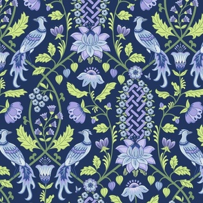 Pastel comforts chinoiserie exotic birds - grand millennial - Sky Blue, Lilac and Honeydew on navy blue - large