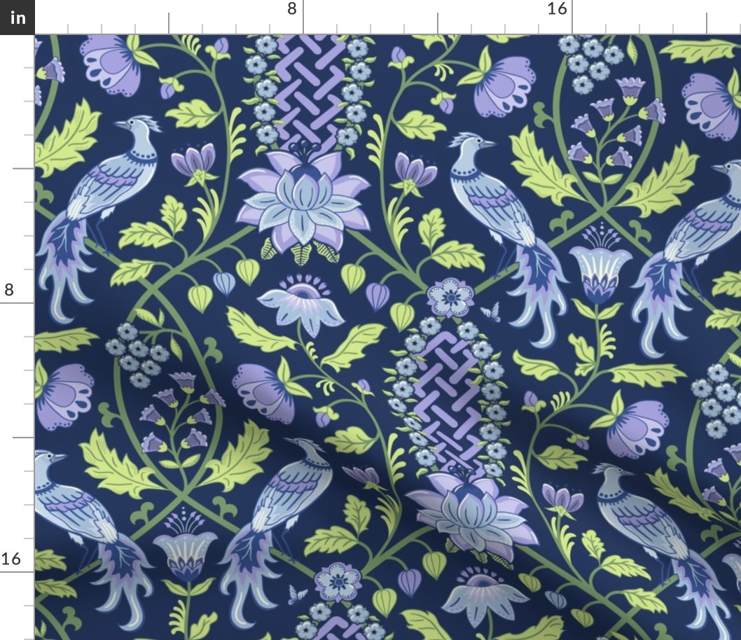 Pastel comforts chinoiserie exotic birds - grand millennial - Sky Blue, Lilac and Honeydew on navy blue - large